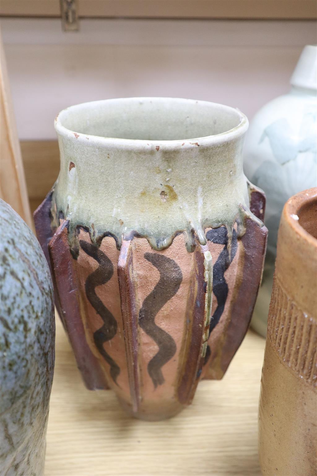 Five pottery studio vases by Andrew Rudebeck, tallest 38cm
